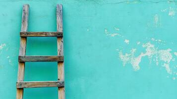 A wooden ladder leans against a freshly painted turquoise wall during an ongoing renovation process in a cozy living space photo