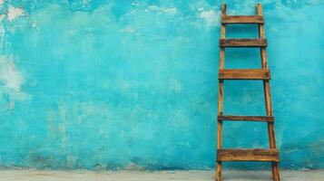 A wooden ladder beside a vibrant turquoise wall during a home renovation, showcasing creativity and transformation in the living space photo