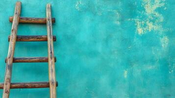 A wooden ladder rests against a freshly painted turquoise wall during a vibrant home renovation project photo