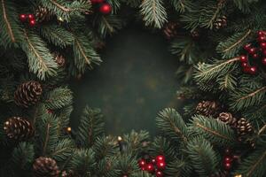 Festive Christmas letter or menu background framed by pine branches, red berries, and pine cones, perfect for holiday celebrations photo