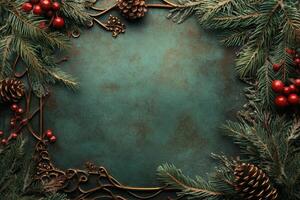 A festive Christmas letter or menu frame adorned with evergreen branches, pinecones, and red berries, perfect for holiday celebrations photo