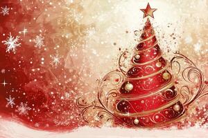 A festive Christmas letter or menu background featuring a beautifully decorated tree with red and gold accents amidst a snowy landscape photo
