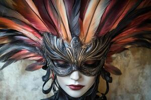 Elegant feathered mask showcasing intricate design worn by a model during a masquerade event at dusk photo