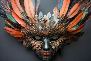 A stunning masquerade mask adorned with vibrant feathers in a captivating display of artistry and color photo