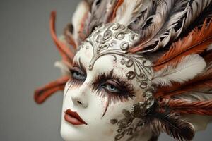 A stunning, intricately designed mask adorned with vibrant feathers, reflecting elegance and artistry during a masquerade event photo