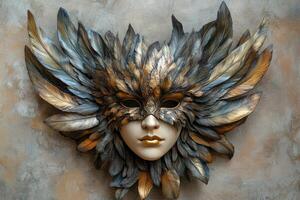 A striking feathered mask adorned with intricate designs displayed against a textured background, perfect for masquerade events or themed occasions photo