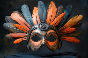 A vibrant feathered mask displayed against a dark backdrop, capturing the essence of celebration and artistry during a festive occasion photo