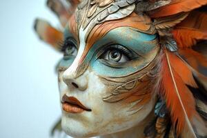Elegant mask adorned with vibrant feathers showcasing exquisite artistry at a cultural festival photo