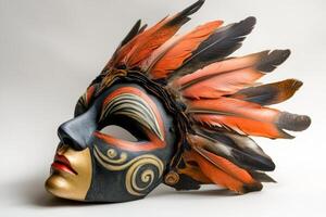 Intricate handcrafted mask adorned with vibrant feathers showcasing intricate patterns designed for a festive celebration photo