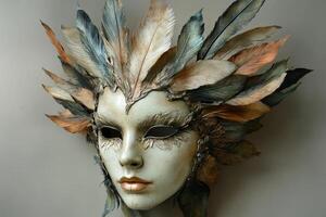 A stunning artistic mask adorned with vibrant feathers crafted to evoke nature's beauty, displayed against a neutral backdrop photo