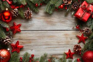 A festive arrangement of Christmas fir tree branches, gifts, and pine cones on a rustic wooden backdrop for holiday celebrations photo