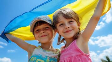 Children joyfully holding the Ukrainian flag against a clear blue sky, celebrating their heritage and unity in a vibrant summer setting photo
