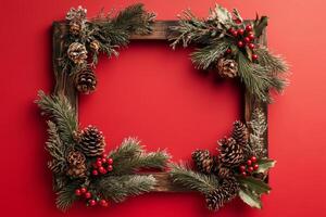 Creative Christmas frame on a red background designed for holiday invitations and postcards during the festive season photo
