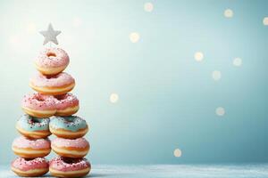Adorable Christmas tree made of colorful donuts with a star on top and light bokeh background perfect for festive celebrations photo