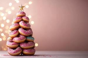 Charming Christmas tree made of colorful donuts topped with festive sprinkles and a star, perfect for holiday celebrations photo