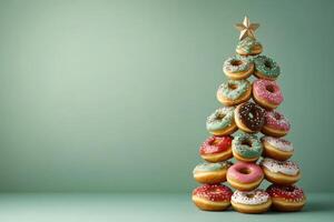 A charming Christmas tree made of colorful donuts adorned with sprinkles and a gold star on top for festive celebrations photo