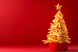 Decorative Christmas tree made of cute French fries with a golden star on top and vibrant red background perfect for holiday themes photo