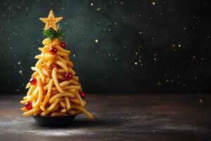 Cute Christmas tree made of crunchy french fries decorated with festive ornaments, creating a fun and unique holiday treat photo
