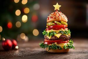 A festive hamburger shaped like a Christmas tree, decorated with toppings and a golden star on top, celebrating the holiday season cheerfully photo