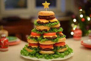 A delightful hamburger tree decorated with festive toppings and a star on top, set against a cozy holiday backdrop photo