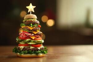 Delicious hamburger shaped like a Christmas tree on a wooden table during the festive holiday season photo