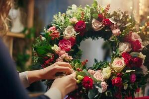 Florist crafting a vibrant Christmas wreath adorned with roses and seasonal greenery in a cozy workshop photo