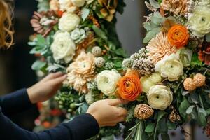 A florist creating a stunning Christmas wreath with fresh flowers and natural elements in a cozy workshop during the festive season photo