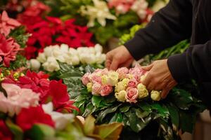 Florist skillfully crafting a stunning Christmas wreath with fresh flowers in a vibrant shop during holiday season photo