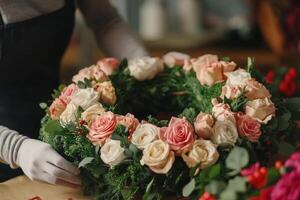 A florist carefully crafting a stunning Christmas wreath with fresh roses and greenery in a cozy workshop during the holiday season photo