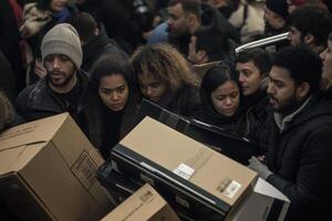 Crowd of shoppers engaged in frantic Black Friday sales, carrying boxes and electronics in a busy store photo