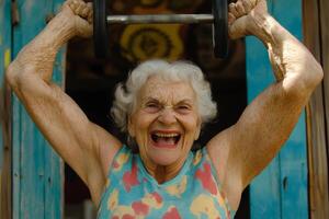 Happy older lady lifts weights outdoors, enjoying her workout routine in the sunshine, showcasing strength and vitality photo
