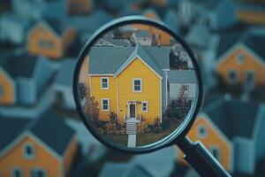 A bright yellow house stands out amidst a cluster of grey houses, as viewed through a magnifying glass in a suburban setting photo