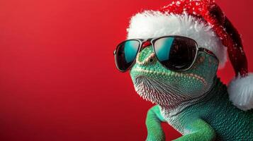 A chameleon wearing sunglasses and a Santa hat celebrates the holiday season against a vibrant red background photo