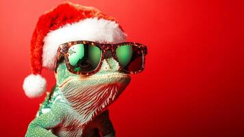 A festive chameleon wearing sunglasses and a Santa hat, celebrating Christmas in a cheerful red background atmosphere photo