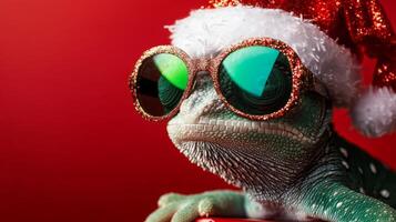 A chameleon wearing sunglasses and a Santa hat celebrates Christmas against a vibrant red background, adding festive cheer to the winter season photo