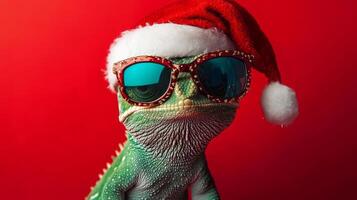 A festive chameleon in sunglasses and Santa hat celebrates Christmas against a vibrant red background in a fun holiday greeting card design photo