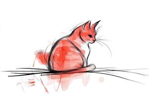 A magical red cat sketched with black lines, sits serenely on a white background in a whimsical, minimalistic design photo
