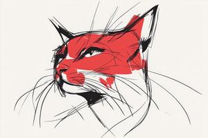 A minimalist flat art sketch of a magical red cat with a black line design on a white background photo