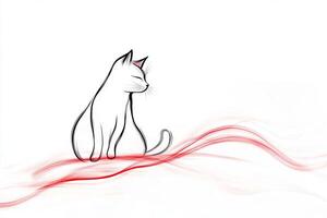 A minimal flat art sketch of a magical red cat with black outlines sitting gracefully on a flowing red line photo