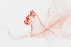 A magical red cat sketched in flat art style with black lines on a white background, showcasing its compelling profile and enchanting aura photo