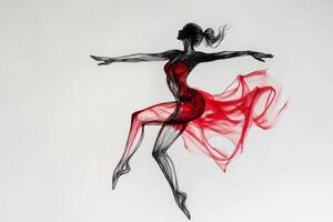 Minimalist sketch of a magical red dancer captured in a graceful pose with flowing fabric and delicate lines on a white background photo