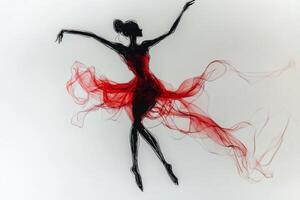 A graceful dancer in red flows through the air, embodying elegance and freedom in a minimalist sketch with black lines on a white background photo