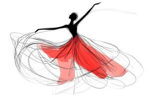 Minimalistic sketch of a graceful dancer in a flowing red dress performing in a serene artistic setting photo