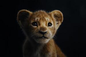 A baby lion illuminated by rim lighting stands against a dark background, showcasing its expressive features and detailed fur texture photo
