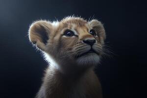 A baby lion gazes curiously with rim lighting illuminating its face against a dark background, showcasing detailed fur texture and innocent expression photo