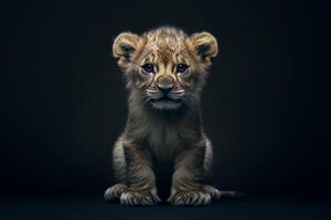 A close-up of a baby lion in rim lighting against a dark background showcasing detailed features and eyes photo
