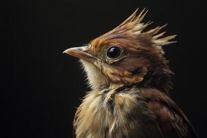 A detailed portrait of a chick with striking rim lighting against a dark background showcasing its intricate feathers and features photo