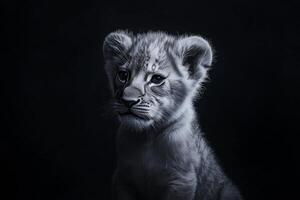 Stunning portrait of a baby lion captured in rim lighting with a dark background showcasing detailed photorealism photo
