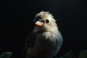 A detailed portrait of a chick with rim lighting creating a soft glow against a dark background in a serene setting photo