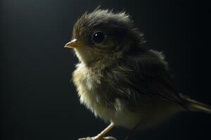 A newly hatched chick stands poised in rim lighting against a dark backdrop, showcasing detailed features at dusk photo